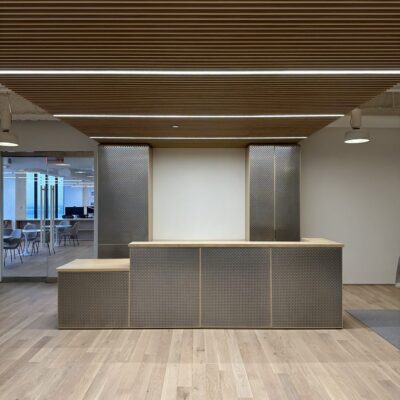A large reception desk in an office setting.