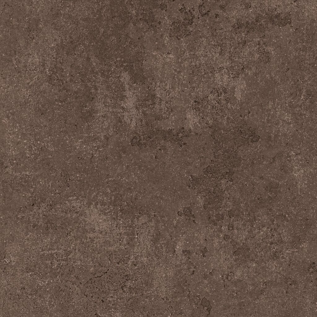 A brown stone tile floor with some white lines.