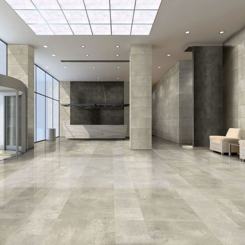 The lobby of a modern office building has a 29000 FLOOR.