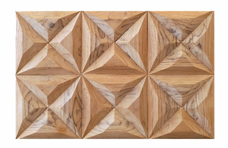 A Clover Natural Repurposed Teak panel with a geometric design.