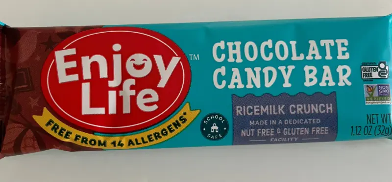 Enjoy Life chocolate candy bar, rice milk crunch.